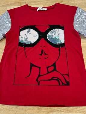 Sequin Sleeve Graphic Tee - Red by No Boundaries